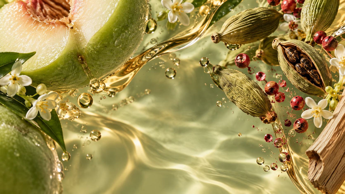 Pêche verte, cardamome et nuances de cognac du catalogue du parfum Tipsy Aliens